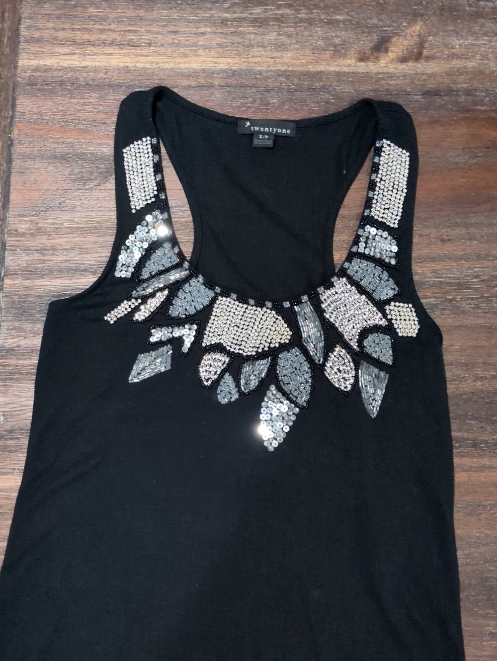 Twentyone Black Tank with Silver Sequin Neck Embellishment Small